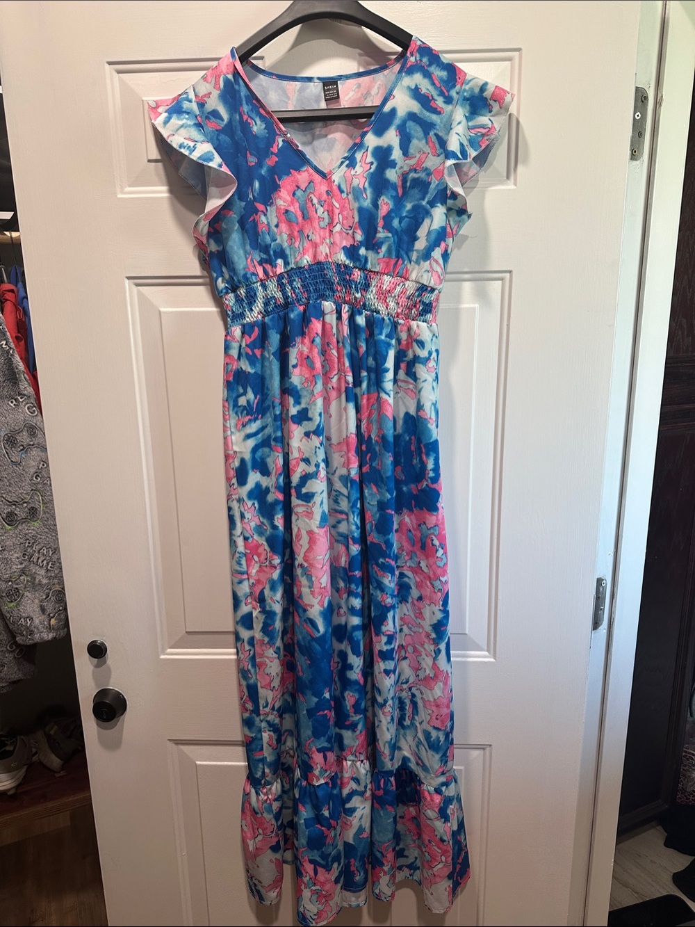 SHEIN Blue & Pink Floral Smocked Waist Maxi Dress